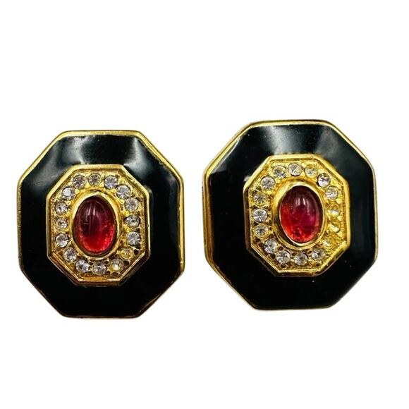 Christian Dior Signed Vintage 1980s Ruby Gripoix Black Enamel Clip On Earrings - Picture 2 of 13